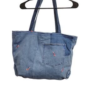 Handmade Denim Bag Purse Embroidered Candy Canes Pocket Double Strap Festive